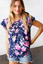 Load image into Gallery viewer, Navy &amp; Pink Floral Print Frilled Short Sleeve Yoke Top
