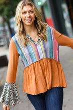 Load image into Gallery viewer, Camel Multi Stripe Hacci Aztec Bell Sleeve Top
