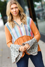 Load image into Gallery viewer, Camel Multi Stripe Hacci Aztec Bell Sleeve Top
