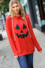 Load image into Gallery viewer, Orange Jack-O-Lantern French Terry Thumb Hole Double Hoodie
