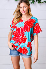 Load image into Gallery viewer, Teal &amp; Cherry Red Floral Print V Neck Top
