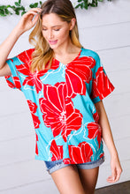 Load image into Gallery viewer, Teal &amp; Cherry Red Floral Print V Neck Top
