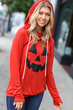 Load image into Gallery viewer, Orange Jack-O-Lantern French Terry Thumb Hole Double Hoodie
