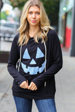 Load image into Gallery viewer, Spooky Black Jack-O-Lantern Terry Thumb Hole Double Hoodie
