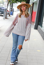 Load image into Gallery viewer, Taupe &amp; Burgundy Chevron Raglan Lace-Up Bell Sleeve Top
