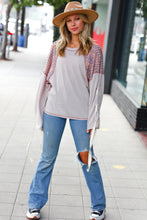 Load image into Gallery viewer, Taupe &amp; Burgundy Chevron Raglan Lace-Up Bell Sleeve Top
