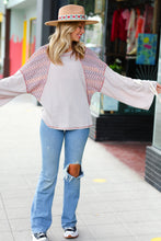 Load image into Gallery viewer, Taupe &amp; Burgundy Chevron Raglan Lace-Up Bell Sleeve Top
