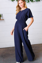 Load image into Gallery viewer, Dark Blue Smocked Waist Notch Neck Crepe Jumpsuit

