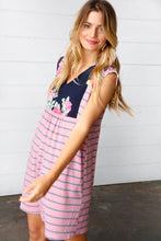 Load image into Gallery viewer, Pink Floral &amp; Striped Yoke Babydoll Dress
