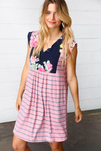 Load image into Gallery viewer, Pink Floral &amp; Striped Yoke Babydoll Dress
