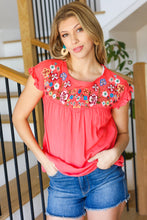 Load image into Gallery viewer, Feeling Femme&#39; Coral Floral Embroidered Yoke Ruffle Sleeve Top
