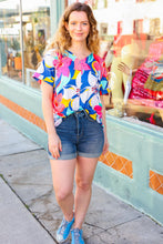 Load image into Gallery viewer, Navy &amp; Yellow Tropical Floral V Neck Top
