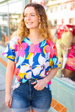 Load image into Gallery viewer, Navy &amp; Yellow Tropical Floral V Neck Top
