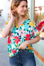 Load image into Gallery viewer, Teal &amp; Coral Flat Floral V Neck Top
