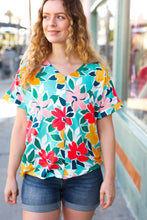 Load image into Gallery viewer, Teal &amp; Coral Flat Floral V Neck Top
