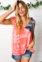 Load image into Gallery viewer, Coral &amp; Navy Paisley Shoulder Tie Top
