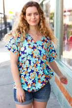 Load image into Gallery viewer, Blue &amp; Orange Flat Floral V Neck Top
