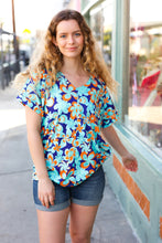 Load image into Gallery viewer, Blue &amp; Orange Flat Floral V Neck Top
