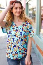 Load image into Gallery viewer, Blue &amp; Orange Flat Floral V Neck Top
