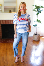 Load image into Gallery viewer, America Proud Blue Striped Embroidered Puff Sleeve Top
