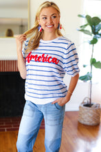 Load image into Gallery viewer, America Proud Blue Striped Embroidered Puff Sleeve Top
