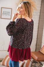 Load image into Gallery viewer, Wine Ditzy Floral Front Tie Ruffle Hem Top

