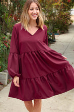 Load image into Gallery viewer, Burgundy V Neck Woven Swing Dress with Pockets
