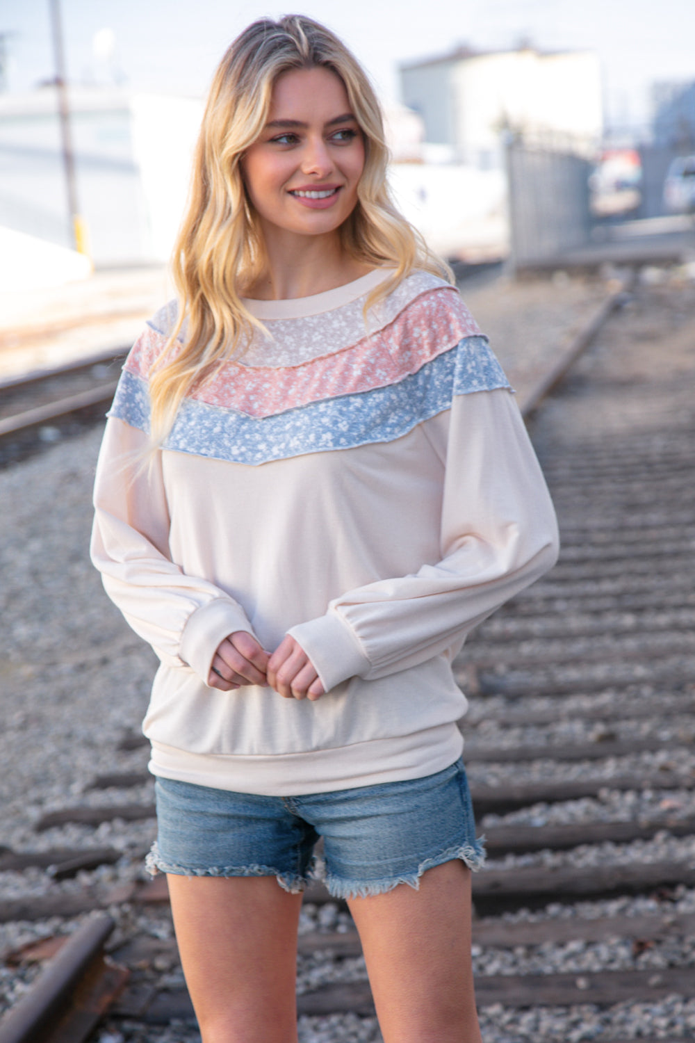 Taupe & Sky Blue Thermal Knit Out Seam Stitch Pullover