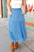 Load image into Gallery viewer, Look of Love Denim Blue Smocked Waist Tiered Chiffon Skirt
