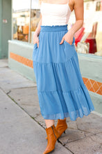 Load image into Gallery viewer, Look of Love Denim Blue Smocked Waist Tiered Chiffon Skirt
