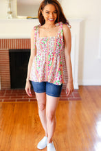 Load image into Gallery viewer, Summer Days Ivory &amp; Fuchsia Floral Smocked Shoulder Tie Top
