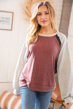 Load image into Gallery viewer, Mauve &amp; Gray Raglan Reverse Stitch Knit Top
