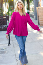 Load image into Gallery viewer, Feminine Flair Magenta Banded V Neck Smocked Top
