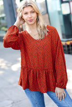 Load image into Gallery viewer, Feeling Bold Rust Leopard Print V Neck Peplum Top
