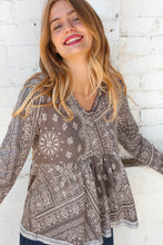 Load image into Gallery viewer, Grey Boho Floral V Neck Button Babydoll Top
