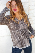 Load image into Gallery viewer, Grey Boho Floral V Neck Button Babydoll Top
