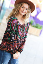 Load image into Gallery viewer, Take The Leap Black &amp; Mauve Border Print Boho Tie Top
