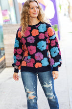 Load image into Gallery viewer, Feeling Joyful Navy &amp; Fuchsia Embroidered Sherpa Flower Pullover
