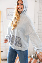 Load image into Gallery viewer, Grey Cotton Terry Paisley Sash Tie Back Hoodie
