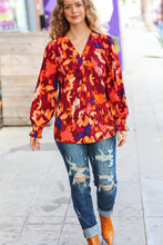 Load image into Gallery viewer, Face The Day Burgundy Floral Abstract Print V Neck Smocked Top
