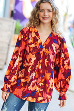 Load image into Gallery viewer, Face The Day Burgundy Floral Abstract Print V Neck Smocked Top
