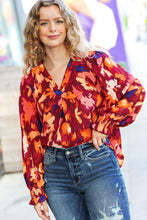 Load image into Gallery viewer, Face The Day Burgundy Floral Abstract Print V Neck Smocked Top
