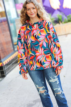 Load image into Gallery viewer, Weekend Vibes Teal &amp; Rust Abstract Print Frill Neck Top
