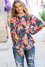 Load image into Gallery viewer, Weekend Vibes Teal &amp; Rust Abstract Print Frill Neck Top
