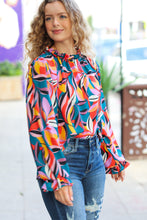 Load image into Gallery viewer, Weekend Vibes Teal &amp; Rust Abstract Print Frill Neck Top
