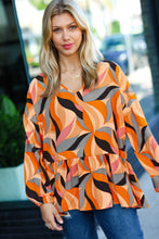 Load image into Gallery viewer, In My Thoughts Rust Abstract V Neck Peplum Top
