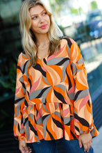 Load image into Gallery viewer, In My Thoughts Rust Abstract V Neck Peplum Top
