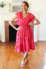 Load image into Gallery viewer, Remember Me Red &amp; Pink Floral Print Smocked Waist Midi Dress
