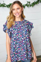 Load image into Gallery viewer, Navy Floral Mock Neck Flutter Sleeve Top
