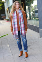 Load image into Gallery viewer, Keep Me Cozy Blue &amp; Light Burgundy Plaid Fringe Scarf
